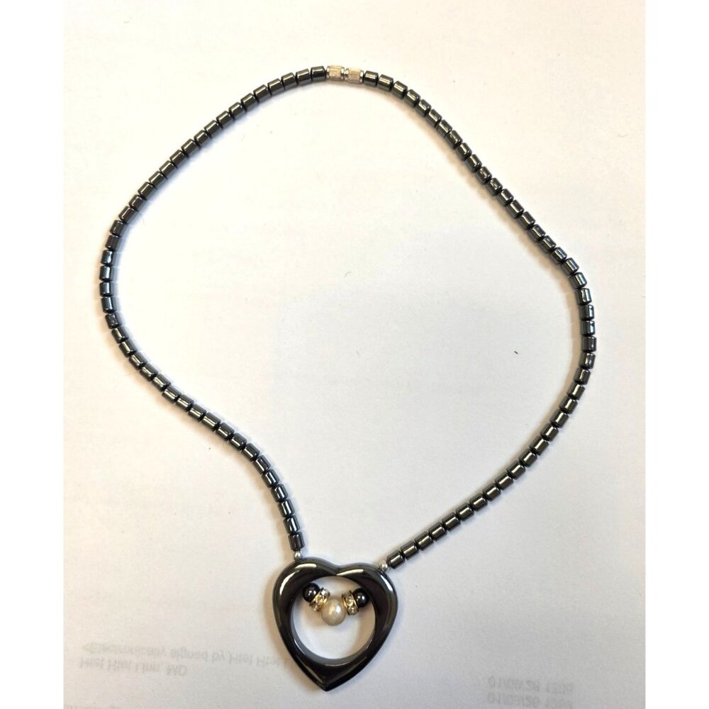 Hematite Heart Pendant Necklace With Pearl & Gold Accent Beads